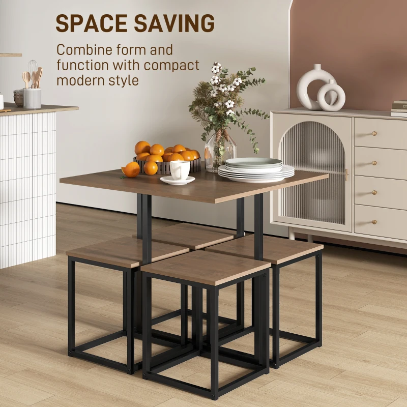HOMCOM 5 Piece Dining Table and Chairs Set 4, Industrial Space Saving Table and Chairs with Metal Frame, Square Kitchen Table and Stools for Dining Room, Brown