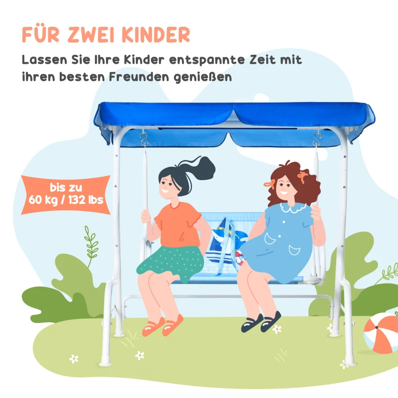 Outsunny 4-teiliges Gartenmöbel-Set für Kinder, mit Hai-Motiv, 1 Hollywoodschaukel, 2 Stühle, 1 Sonnenschirm mit Tisch, Blau