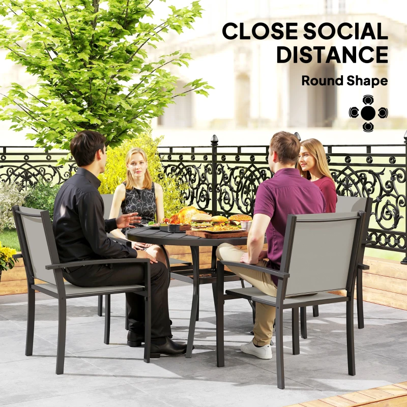 Outsunny 5 Piece Garden Furniture Set, Garden Dining Set with Round Table and 4 Stackable Chairs, Steel Frame, for Outdoor, Patio, Terraces, Dark Grey
