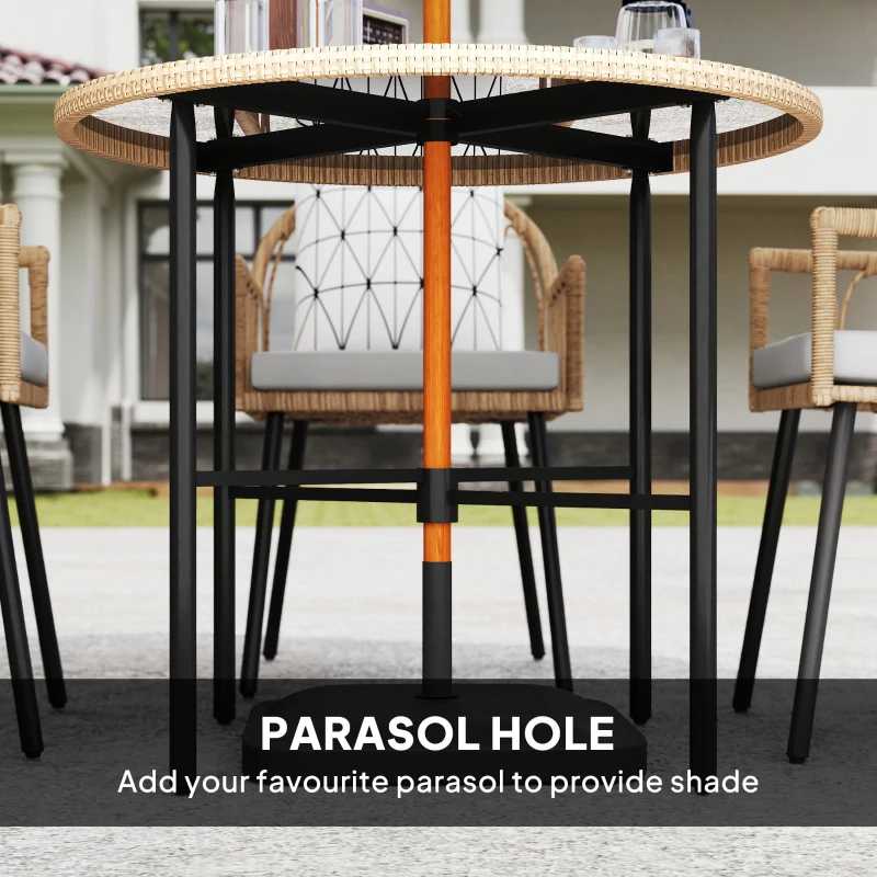 Outsunny 5 Piece Patio Rattan Dining Set, Wicker Garden Table and Chairs w/ Removable Seat & Back Cushions, Round Tempered Glass Tabletop, Parasol Hole, Outdoor Furniture Conservatory Set, Light Brown