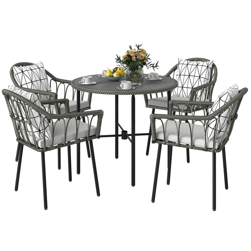 Outsunny 5 Piece Patio Rattan Dining Set, Wicker Garden Table and Chairs w/ Removable Seat & Back Cushions, Round Tempered Glass Tabletop, Parasol Hole, Outdoor Furniture Conservatory Set, Grey
