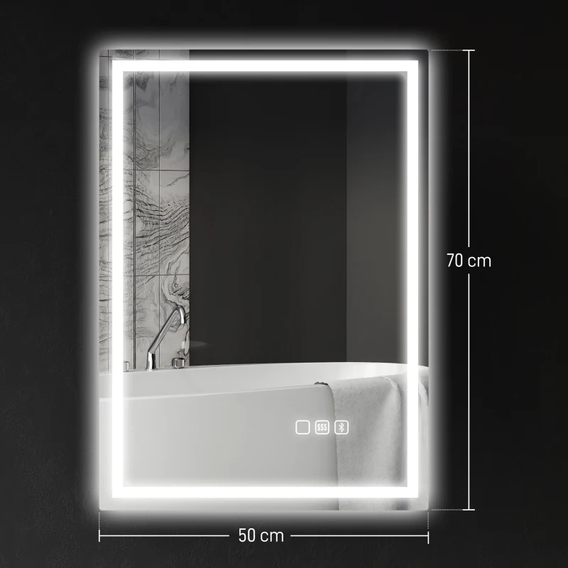 HOMCOM 50 x 70 cm Anti-Fog LED Bathroom Mirror, with Bluetooth - Silver Tone