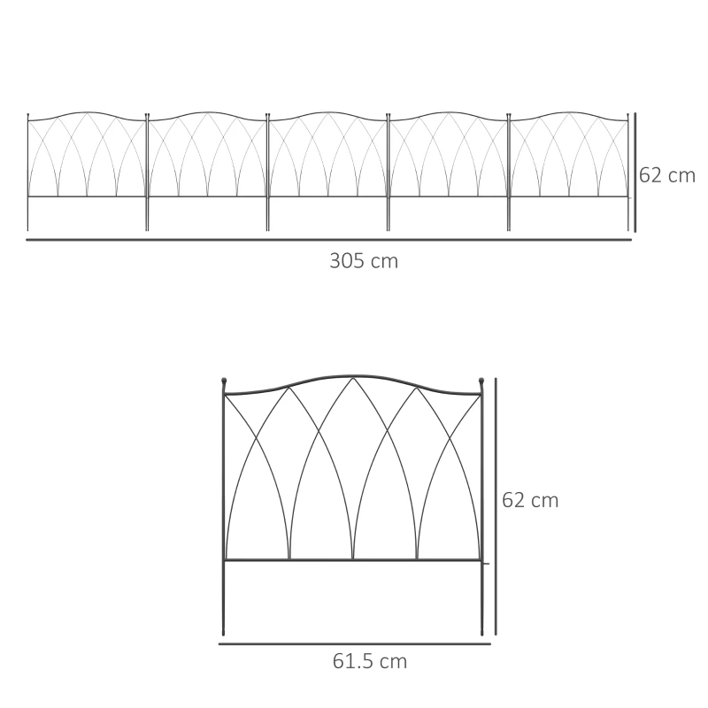 Outsunny Set Gard de Grădină cu 5 Panouri și Șnururi de Fixare, 305x62 cm, Negru