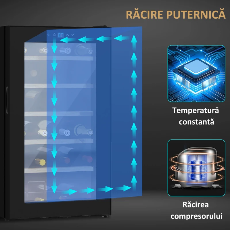 HOMCOM Frigider de Vinuri pentru 24 de Sticle de Sine Statator cu Usa de Sticla Frigider de 65 de litri cu o Singura Zona de Racire a Vinurilor cu Comenzi Digitale cu Ecran Tactil si Lumina LED Negru