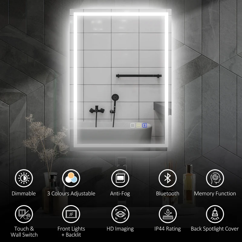 HOMCOM 50 x 70 cm Anti-Fog LED Bathroom Mirror, with Bluetooth - Silver Tone