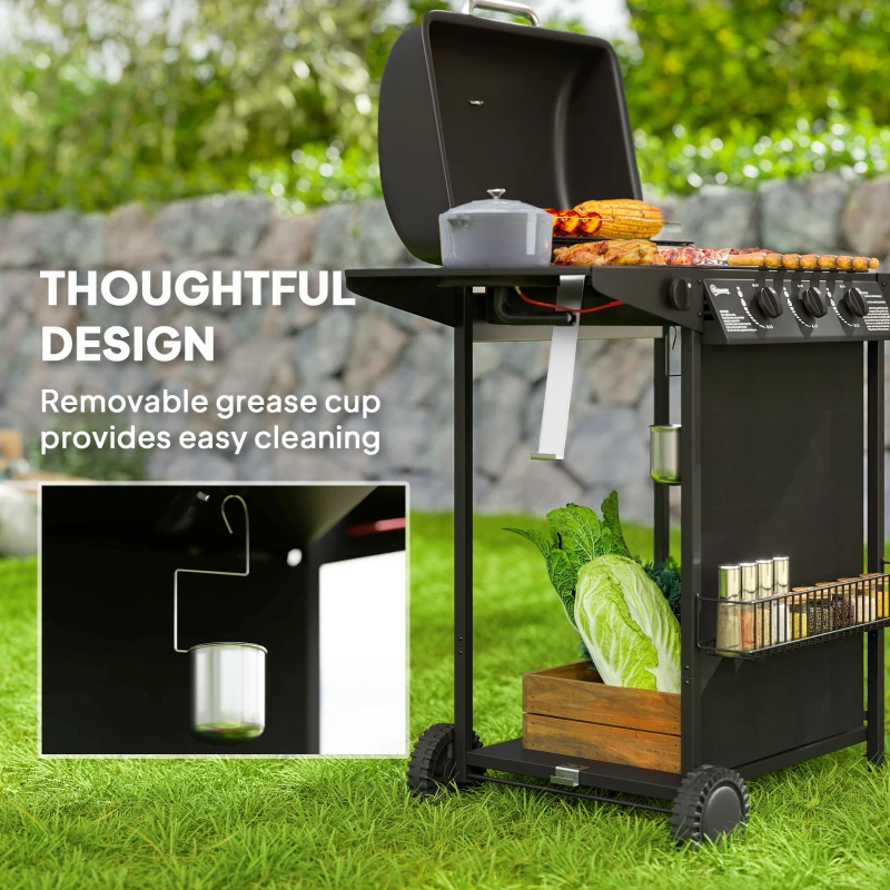 Outsunny 3+1 Burner Gas BBQ Grill, Portable Gas Barbecue Grill with Built-in Thermometer, Lid, Side Table, Shelf, Spice Rack, Wheels, Grease Cup for Garden Party Outdoor Cooking, Black