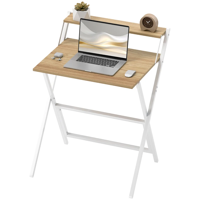 HOMCOM 70 cm Folding Computer Desk with Monitor Shelf - Natural Wood Finish