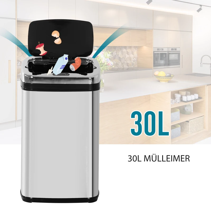 HOMCOM Sensor Mülleimer 30L Edelstahl Automatischer Mülleimer mit Bewegungssensor, Abfalleimer Müllbehälter Abfallbehälter für Büro, Schlafzimmer, Küchen Silber