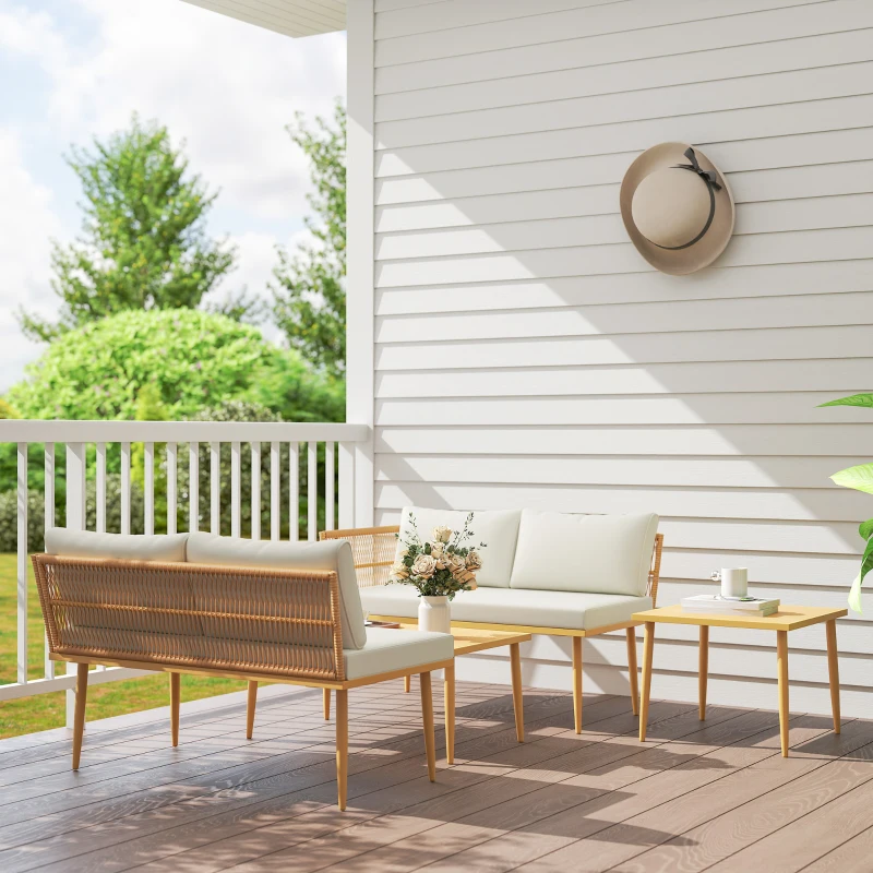 Outsunny Set Mobilier de Grădină din 4 Piese cu 2 Canapele și 2 Măsuțe de Cafea, 116x65x70 cm, Alb Crem
