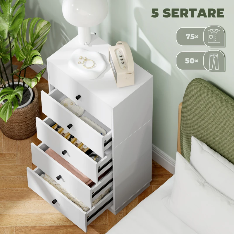 HOMCOM Comodă cu 5 Sertare și Mânere Rotunde pentru Hol, Sufragerie și Camera Copiilor, 47x29x95 cm, Alb