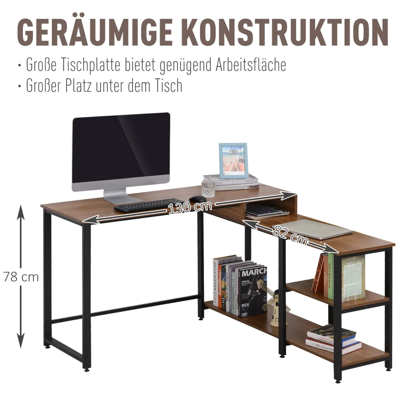 HOMCOM Computertisch, L-förmiger Eckschreibtisch, Schreibtisch, Bürotisch, Gamingtisch, PC-Tisch, Spanplatte+Stahl, Natur+Schwarz, 130 x 130 x 78 cm