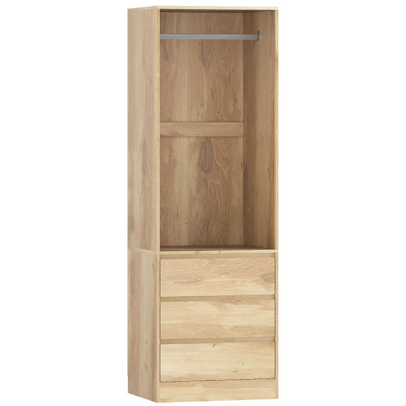 HOMCOM Dulap pentru Haine cu Bara pentru Umerase, Raft Deschis si 3 Sertare, 60x48.5x185 cm, Maro