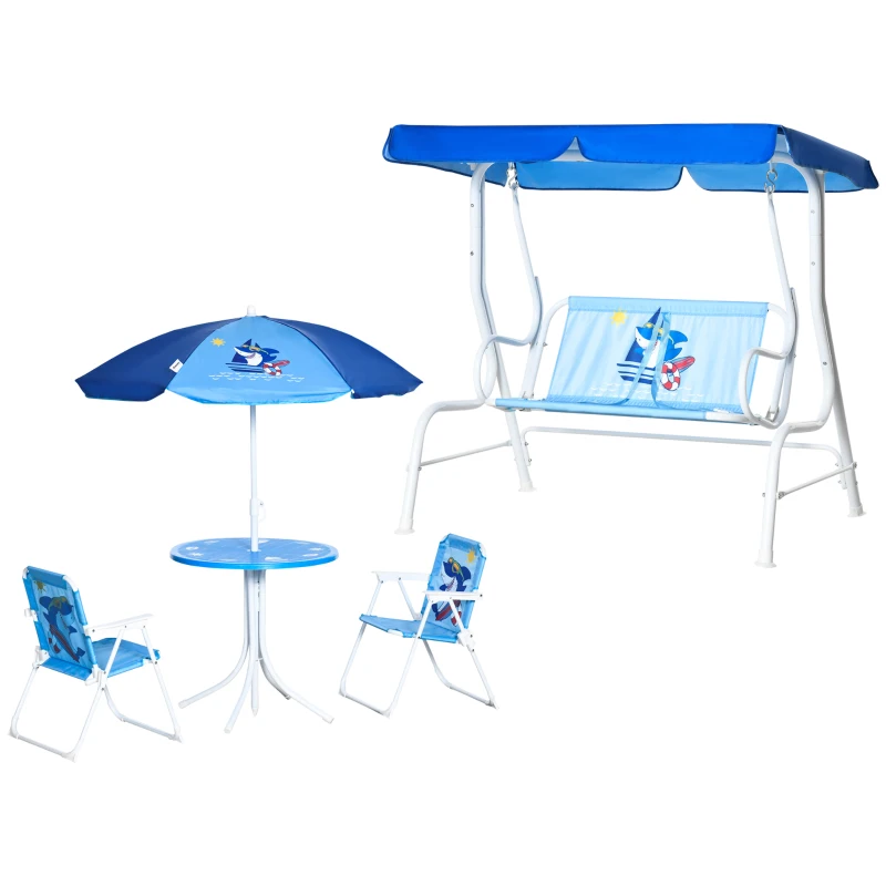 Outsunny 4-teiliges Gartenmöbel-Set für Kinder, mit Hai-Motiv, 1 Hollywoodschaukel, 2 Stühle, 1 Sonnenschirm mit Tisch, Blau
