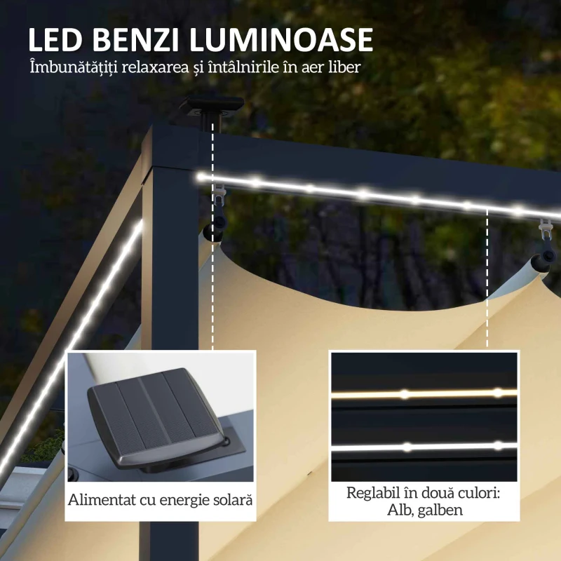 Outsunny Pergolă cu Lumini LED și 12 Orificii de Drenaj, 400x300x230 cm, Alb Crem(m-4)