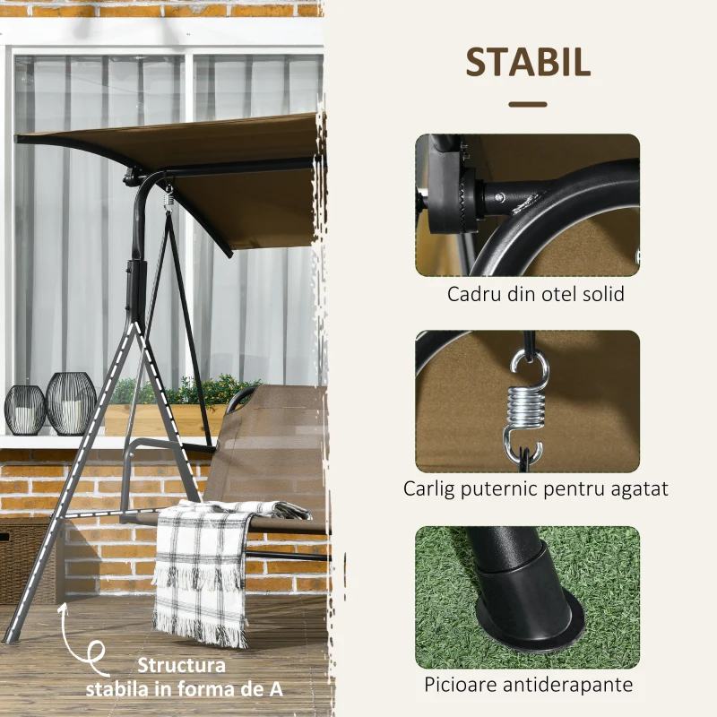 Outsunny Balansoar de Grădină cu 3 Locuri și Parasolar Reglabil, 172x110x153 cm, Maro