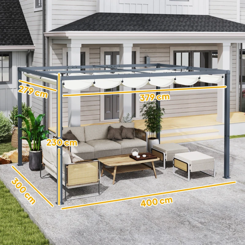 Outsunny Pergolă cu Lumini LED și 12 Orificii de Drenaj, 400x300x230 cm, Alb Crem(m-3)