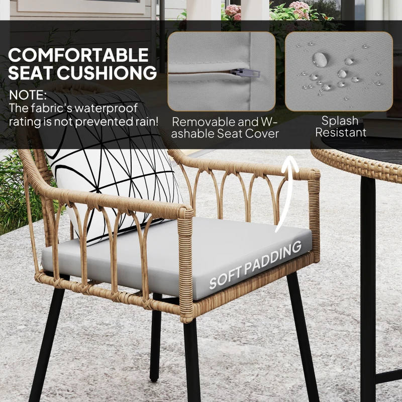 Outsunny 5 Piece Patio Rattan Dining Set, Wicker Garden Table and Chairs w/ Removable Seat & Back Cushions, Round Tempered Glass Tabletop, Parasol Hole, Outdoor Furniture Conservatory Set, Light Brown