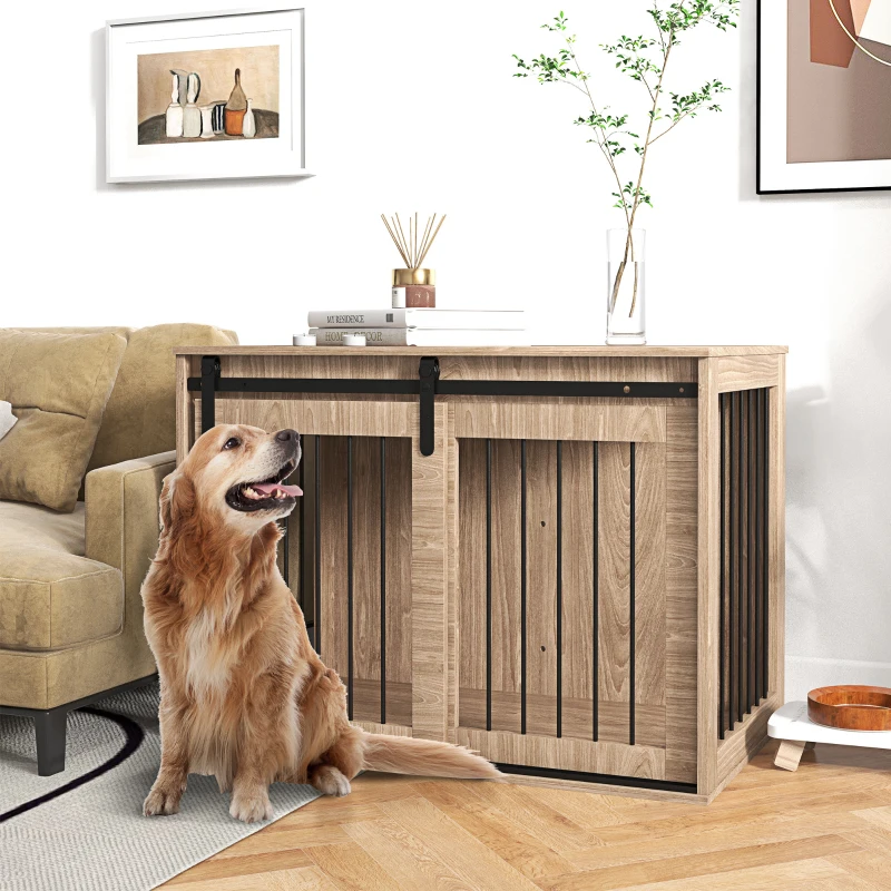 PawHut Hondenbench Hondenkooi, Afsluitbaar, Houtlook, Rustiek Ontwerp, 98 cm x 58 cm x 67 cm, Walnoot + Zwart(m-10)