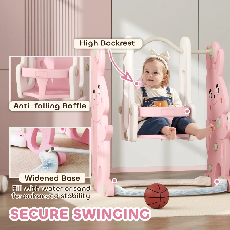 AIYAPLAY 4 in 1 Kids Slide and Swing Set with Climber, Basketball Hoop, Rabbit-Themed, Pink