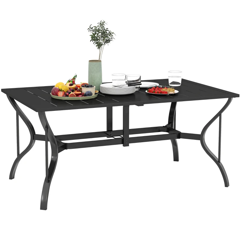 Outsunny Stół ogrodowy ze stali 150x90 cm Odporny na warunki atmosferyczne, z otworem na parasol, dla 6 osób, czarny