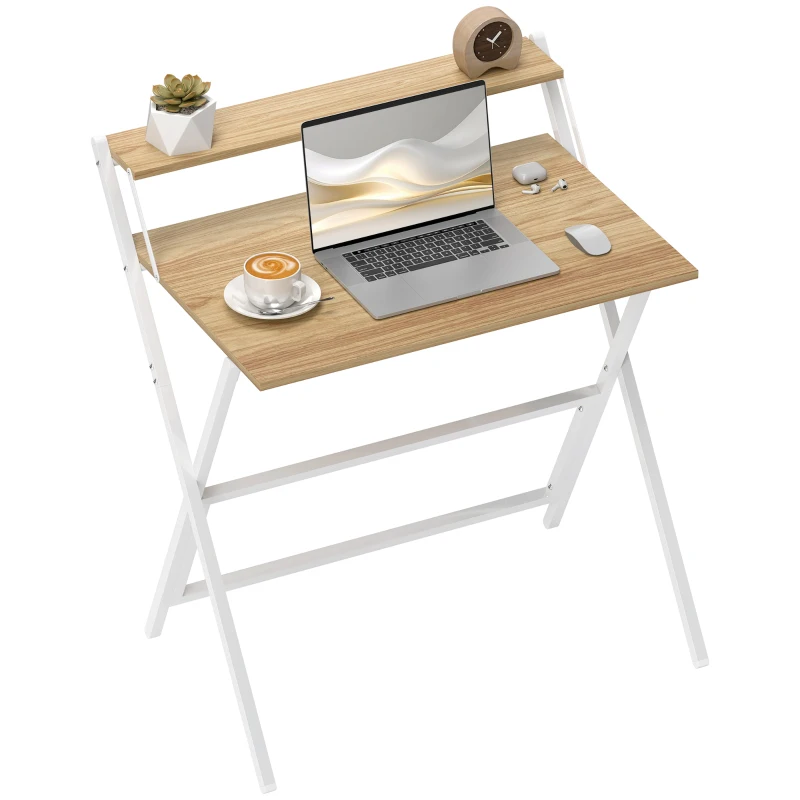 HOMCOM 81.5 cm Folding Computer Desk with Monitor Shelf - Natural Wood Finish