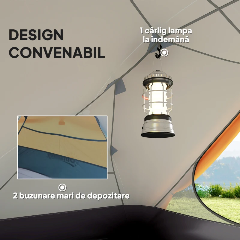 Outsunny Cort de Camping pentru 2 Persoane cu 2 Uși, 2 Ferestre și Geantă de Transport, 280x225x110 cm, Portocaliu