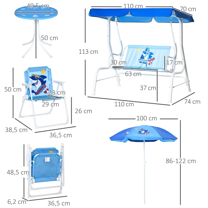 Outsunny 4-teiliges Gartenmöbel-Set für Kinder, mit Hai-Motiv, 1 Hollywoodschaukel, 2 Stühle, 1 Sonnenschirm mit Tisch, Blau
