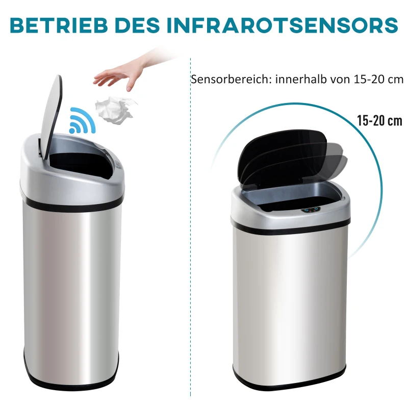 HOMCOM Sensor Mülleimer 30L Edelstahl Automatischer Mülleimer mit Bewegungssensor, Abfalleimer Müllbehälter Abfallbehälter für Büro, Schlafzimmer, Küchen Silber