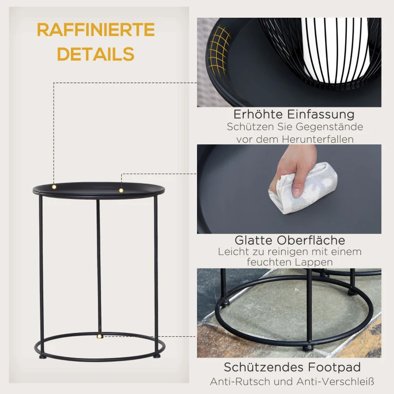 Outsunny Beistelltisch, 2er Set, Gartentisch Couchtisch, Kaffeetisch mit erhöhten Kanten, Wohnzimmer, Metall Schwarz, Ø33/Ø39 x H39/49 cm
