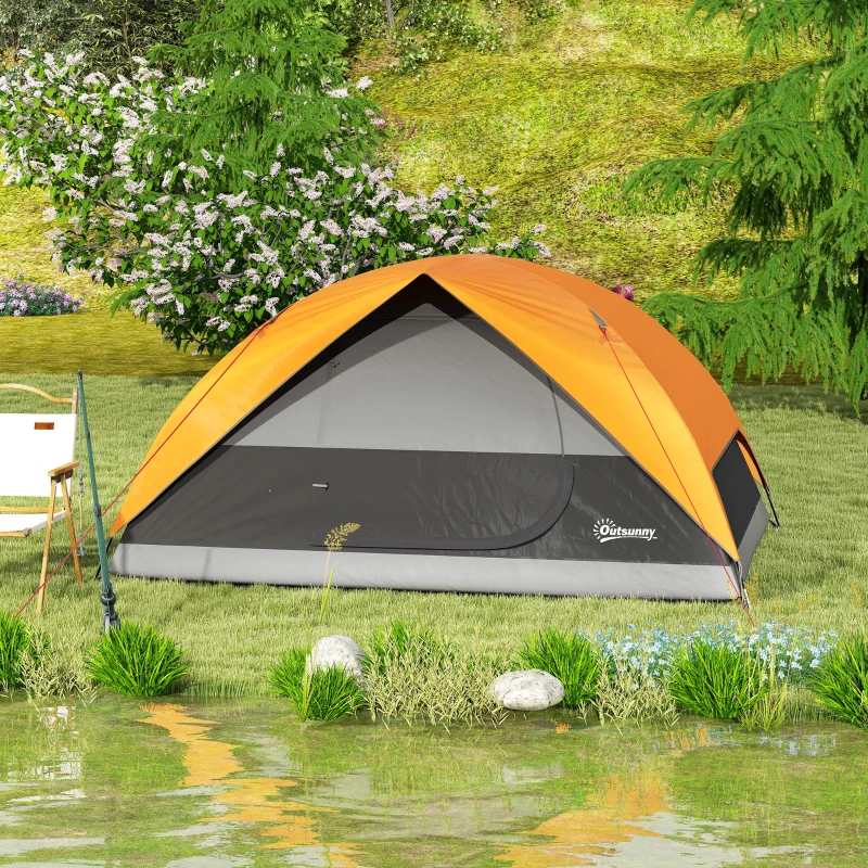 Outsunny Cort de Camping pentru 3 Persoane cu Port de Încărcare, Buzunare și Geantă, 205x275x135 cm, Portocaliu