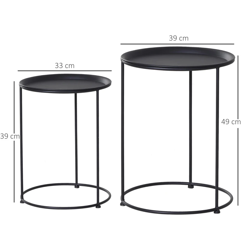 Outsunny Beistelltisch, 2er Set, Gartentisch Couchtisch, Kaffeetisch mit erhöhten Kanten, Wohnzimmer, Metall Schwarz, Ø33/Ø39 x H39/49 cm