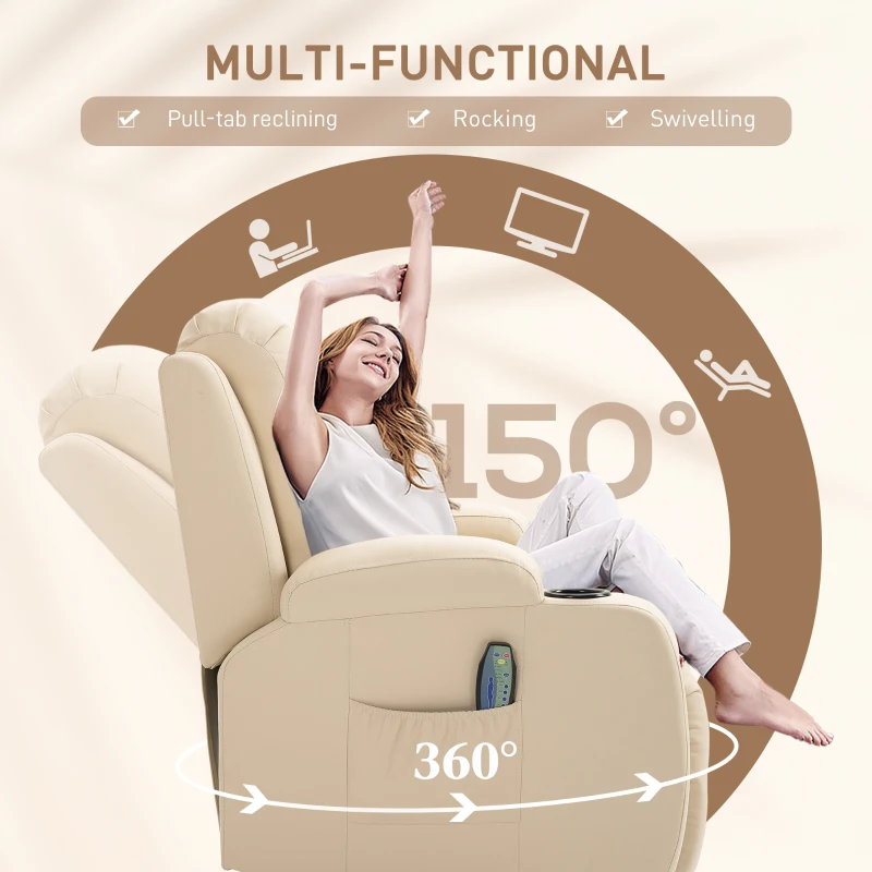 HOMCOM Massagestoel, relaxstoel, schommelfunctie, 8 vibratiepunten, inclusief afstandsbediening, zwart, crème(m-5)