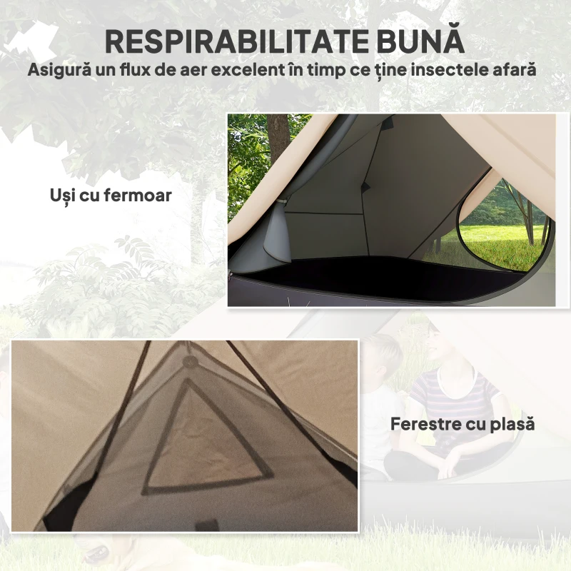 Outsunny Cort de Camping pentru 2 Persoane cu 2 Uși, 2 Ferestre cu Plasă și Geantă de Transport, 280x225x110 cm, Bej