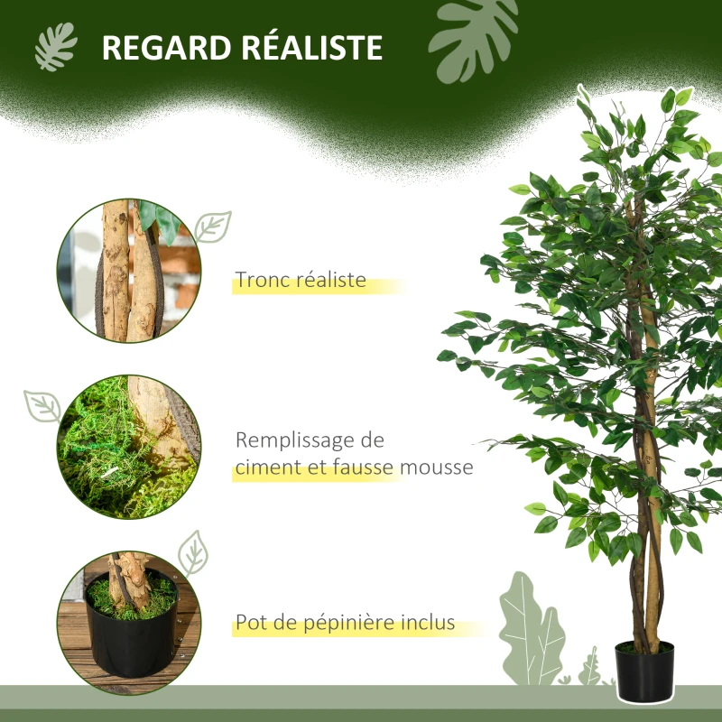 HOMCOM Lot de 2 plantes artificielles ficus hauteur 1,50 m tronc branches liane lichen feuilles grand réalisme pot inclus vert