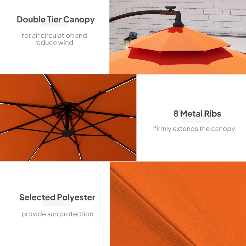 Outsunny 3m LED Light Overhanging Parasol - Orange