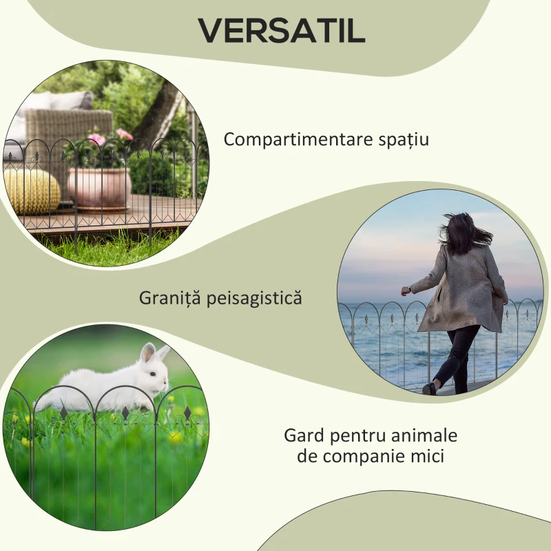 Outsunny Set Gard de Grădină cu 5 Panouri și Stâlpi, 305x79.5 cm, Negru