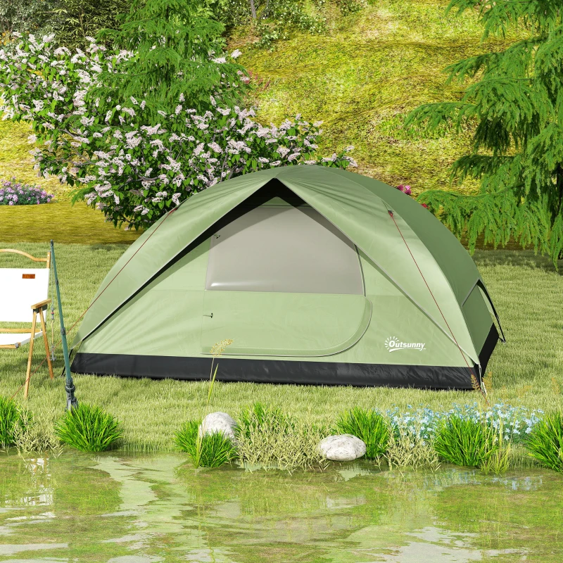 Outsunny Cort de Camping pentru 3 Persoane cu Port de Încărcare, Buzunare și Geantă de Transport, 205x275x135 cm, Verde