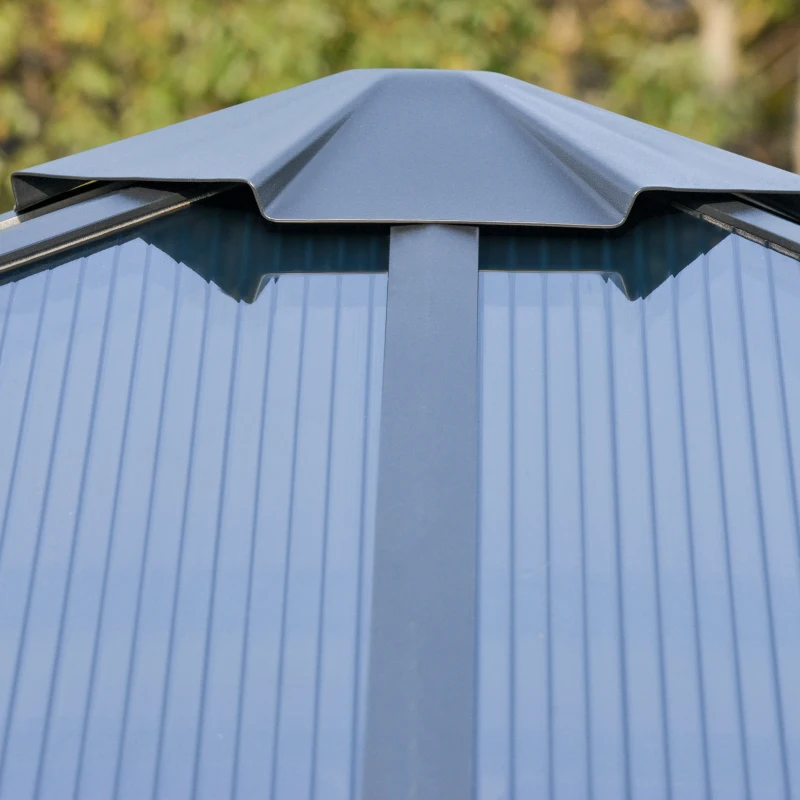 Outsunny 3 x 3(m) Hardtop Gazebo Canopy with Polycarbonate Roof, Aluminium Frame, Permanent Pavilion Garden Gazebo with Netting and Curtains for Patio, Deck, Dark Grey