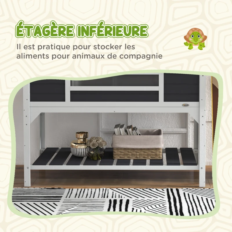 PawHut Maison tortue terrestre extérieure enclos tortue 2 niches support de lampe réglable bois massif 122 x 56,5 x 93 cm gris
