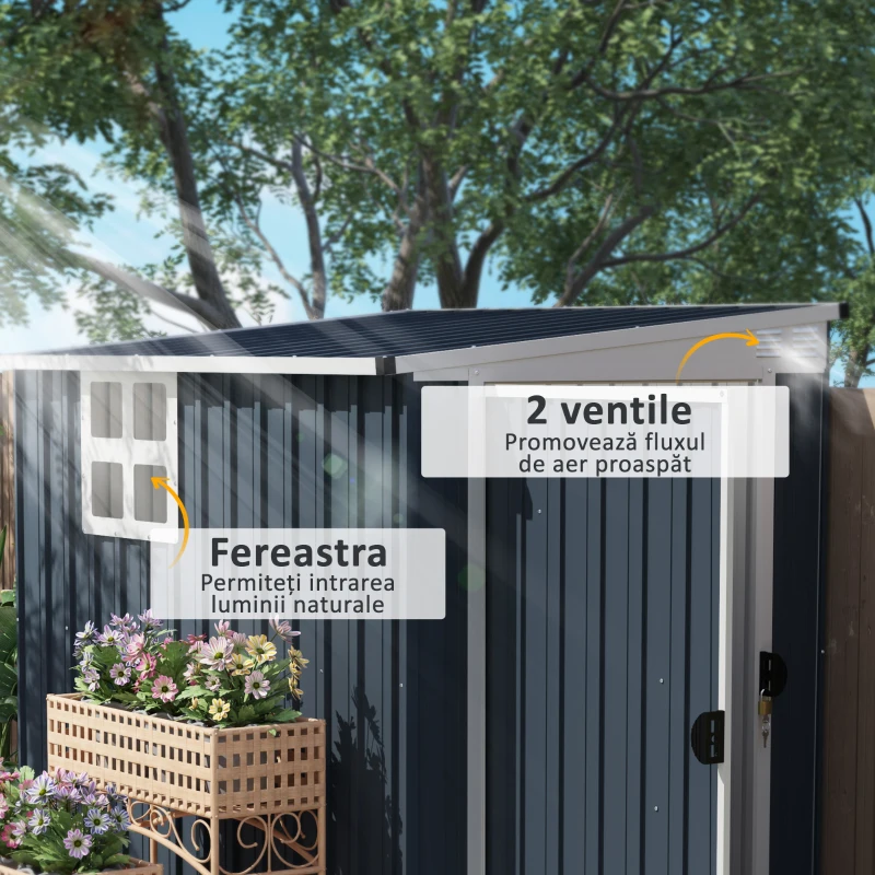 Outsunny Căsuță de Grădină din Oțel cu 2 Prize de Aer și Fereastră Transparentă, 128x193x161/181 cm, Gri Închis