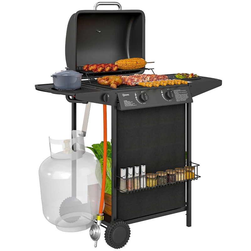 Outsunny Gasbarbecue 7 KW met 3 Branders, Zijbrander, Rollen & Deksel 107 x 54 x 96 cm Zwart