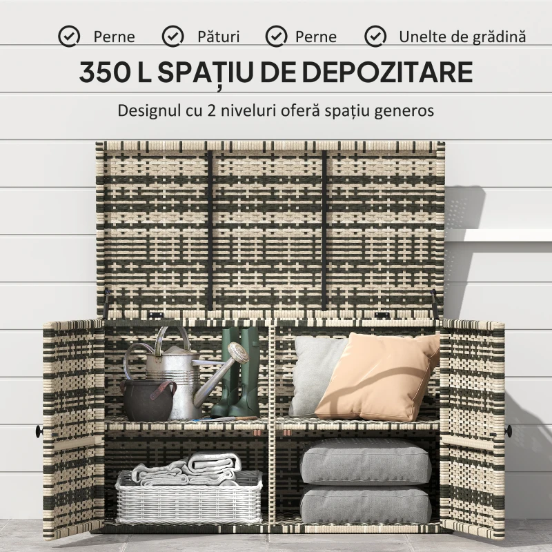 Outsunny Cufăr de Exterior de 350L cu 2 Niveluri, Pistoane cu Gaz și Cadru din Oțel, 118x57x69 cm, Gri