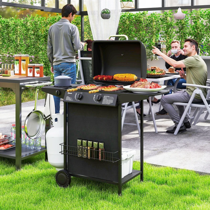 Outsunny Gasbarbecue 7 KW met 3 Branders, Zijbrander, Rollen & Deksel 107 x 54 x 96 cm Zwart