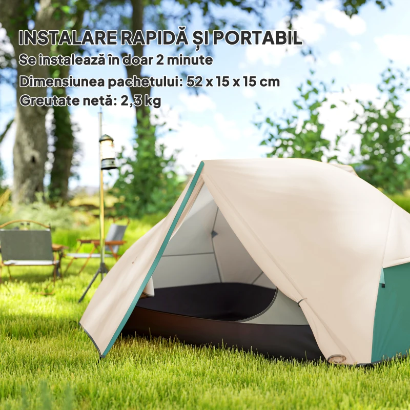 Outsunny Cort de Camping pentru 2 Persoane cu 2 Uși, 2 Ferestre cu Plasă și Geantă de Transport, 280x225x110 cm, Bej