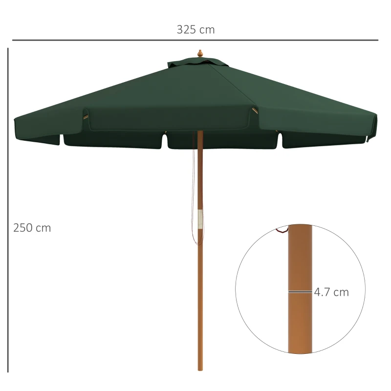 Outsunny Umbrela de Gradina cu Corzi, Deschidere Reglabila si Orificii de Ventilatie, Ø325x250 cm, Verde