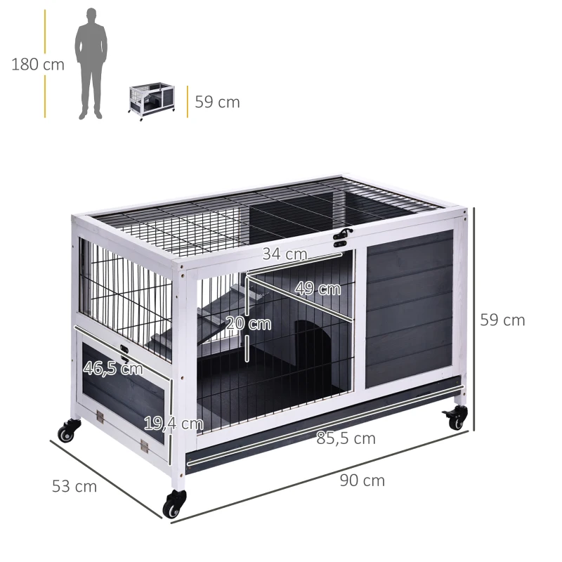 PawHut Coelheira de madeira gaiola para pequenos animais de estimação portátil com telhado de abertura rampa de bandeja removível para cobaias 90x53x59 cm cinza e branco
