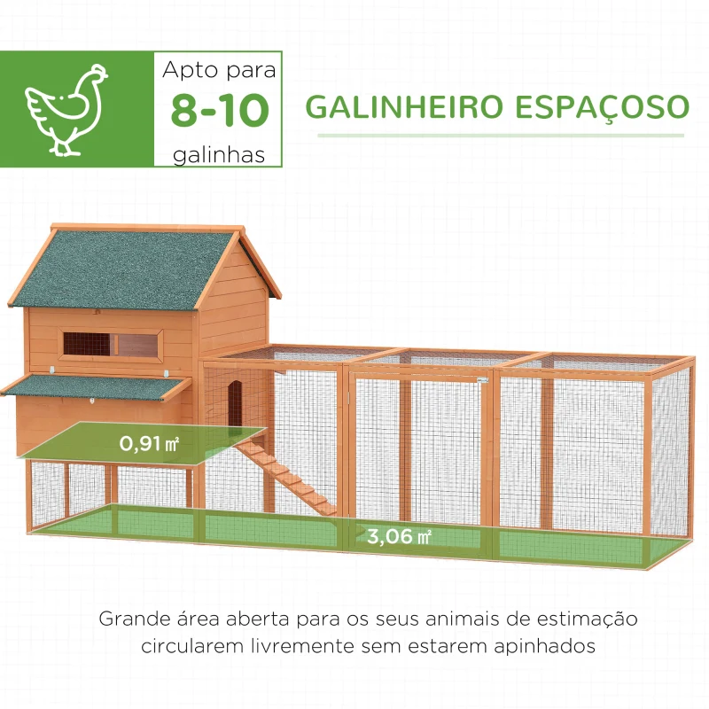 PawHut Galinheiro de madeira ao ar livre Gaiola grande para 8-10 galinhas com compartimento de corredor 2 ninhos telhado de asfalto bandeja removível e rampa 347x160x150 cm laranja