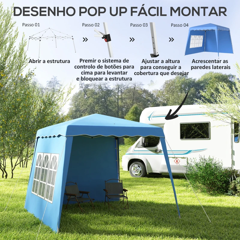 Outsunny Tenda Dobrável com 2 Paredes Laterais Altura Ajustável Proteção UV50+ e Bolsa de Transporte 240x240x250 cm Azul
