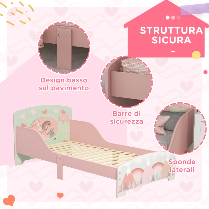 Outsunny Letto per Bambini 3-6 Anni con Bordi Rialzati, Doghe e Fantasia con Animali, 140x70 cm, Rosa