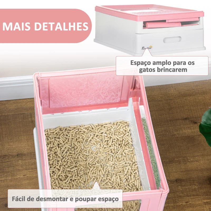 PawHut Caixa de Areia para Gatos Dobrável Caixa de Areia para Gatos Fechada com Bandeja Removível e Pá 47,5x35,5x36,7cm Rosa